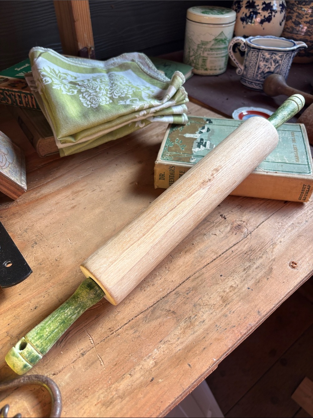 Vintage Wooden Rolling Pin with Green Handles